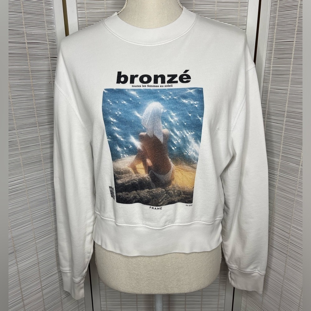 Frame Cotton Graphic Bronzé Crewneck Sweatshirt Slit Sleeve White Blue S